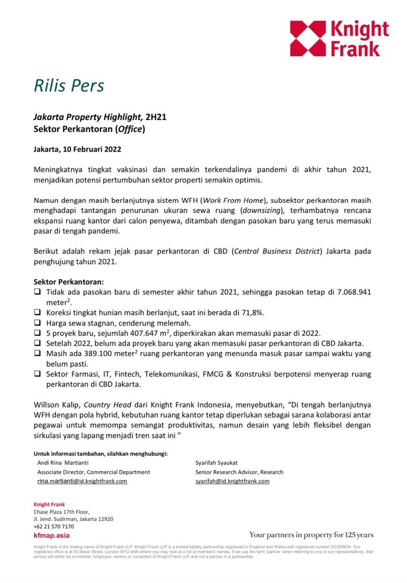 Rilis Pers - Jakarta Property Highlight H2 2021 Sektor Perkantoran (Office) | KF Map Indonesia Property, Infrastructure